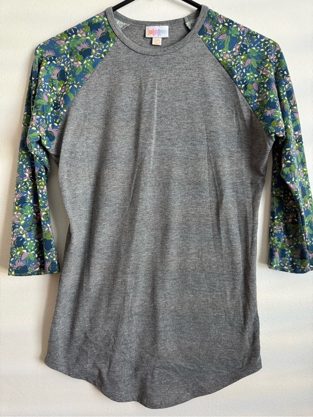 LuLaRoe Gray Raglan Tee with Blue Green Floral Sleeves